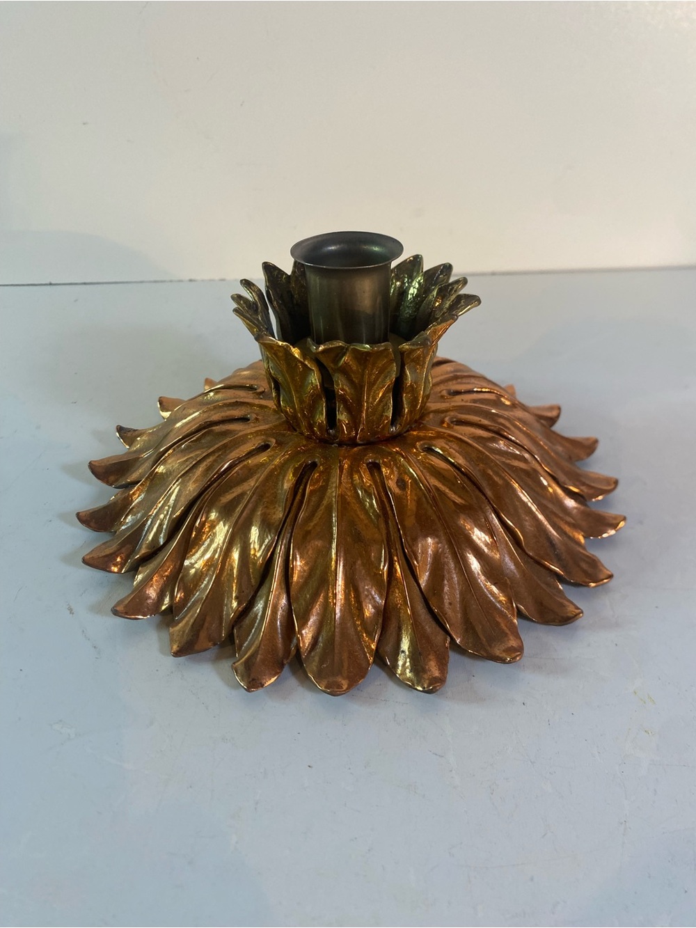 Vintage Heavy Brass Leaf Taper Candle Holder 6.5” Diameter